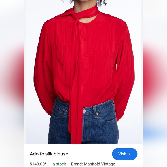 Vintage ADOLFO 100% Silk Cherry Red Tie Neck Long Sleeve Blouse Size Small - Picture 11 of 11